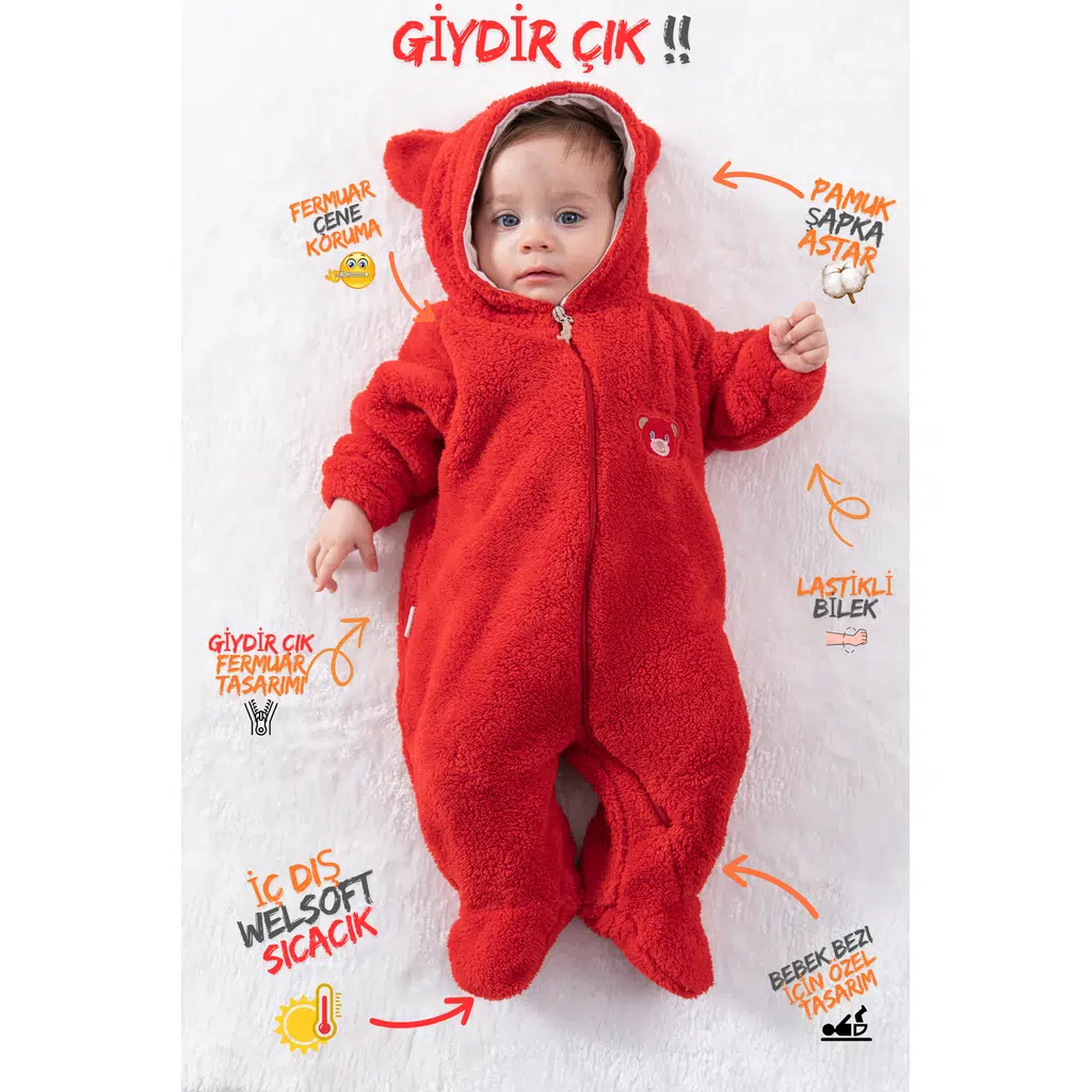 Welsoft Peluş Fermuarlı Kışlık Unisex Kız Erkek Bebek Uyku Tulumu Bebek Tulumu Çocuk Tulumu - Kırmızı