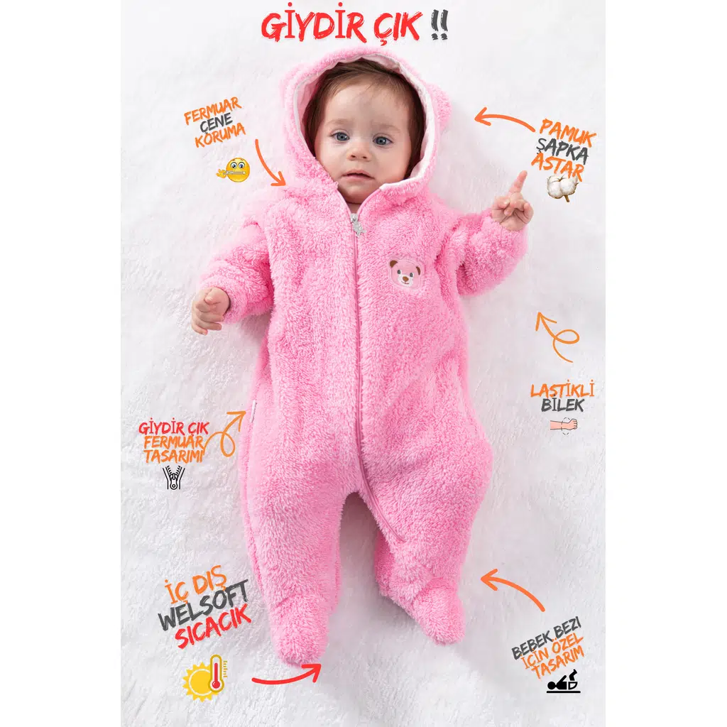 Welsoft Peluş Fermuarlı Kışlık Unisex Kız Erkek Bebek Uyku Tulumu Bebek Tulumu Çocuk Tulumu - Pembe