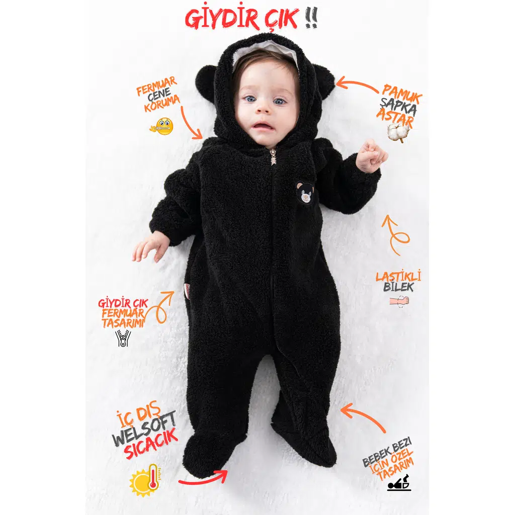 Welsoft Peluş Fermuarlı Kışlık Unisex Kız Erkek Bebek Uyku Tulumu Bebek Tulumu Çocuk Tulumu - Siyah