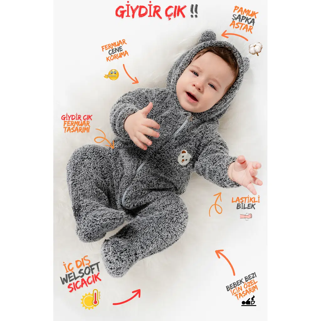 Welsoft Peluş Fermuarlı Kışlık Unisex Kız Erkek Bebek Uyku Tulumu Bebek Tulumu Çocuk Tulumu - Gri
