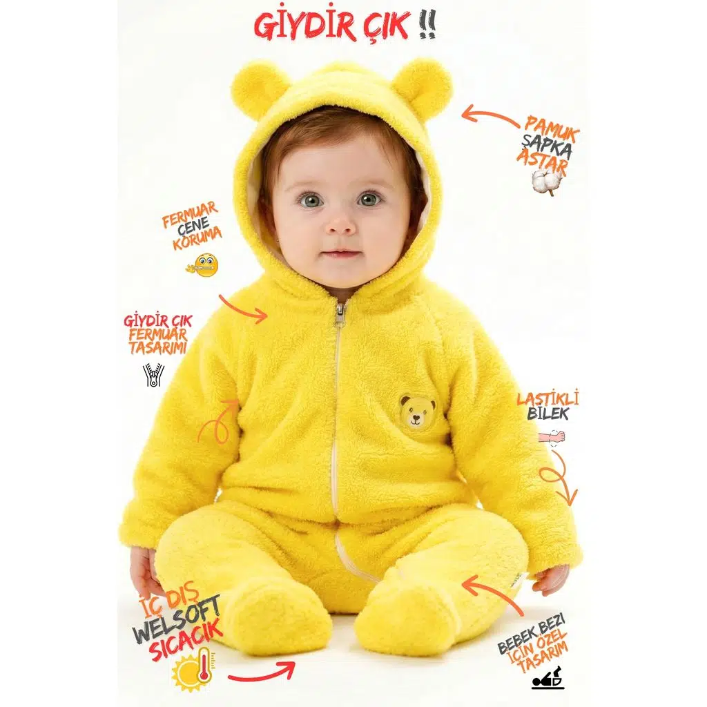 Welsoft Peluş Fermuarlı Kışlık Unisex Kız Erkek Bebek Uyku Tulumu Bebek Tulumu Çocuk Tulumu - Sarı