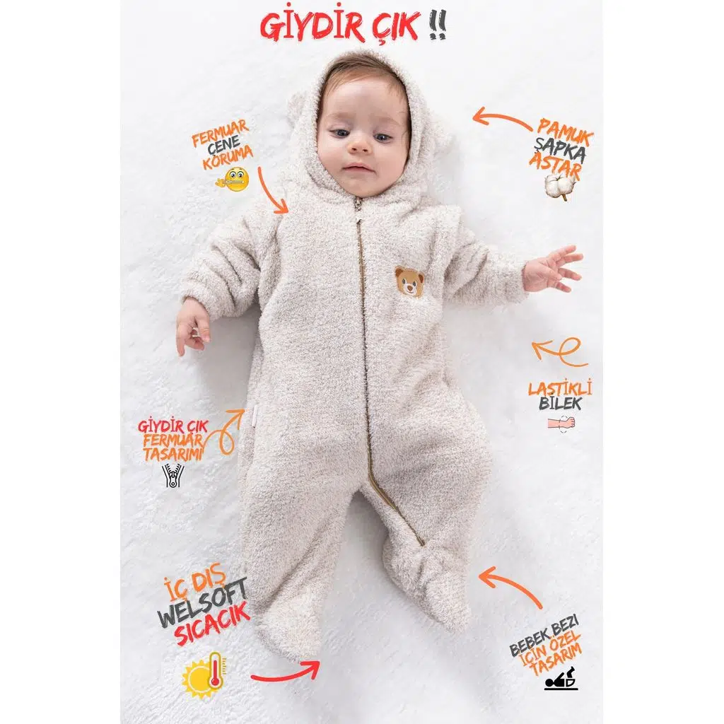 Welsoft Peluş Fermuarlı Kışlık Unisex Kız Erkek Bebek Uyku Tulumu Bebek Tulumu Çocuk Tulumu - Krem