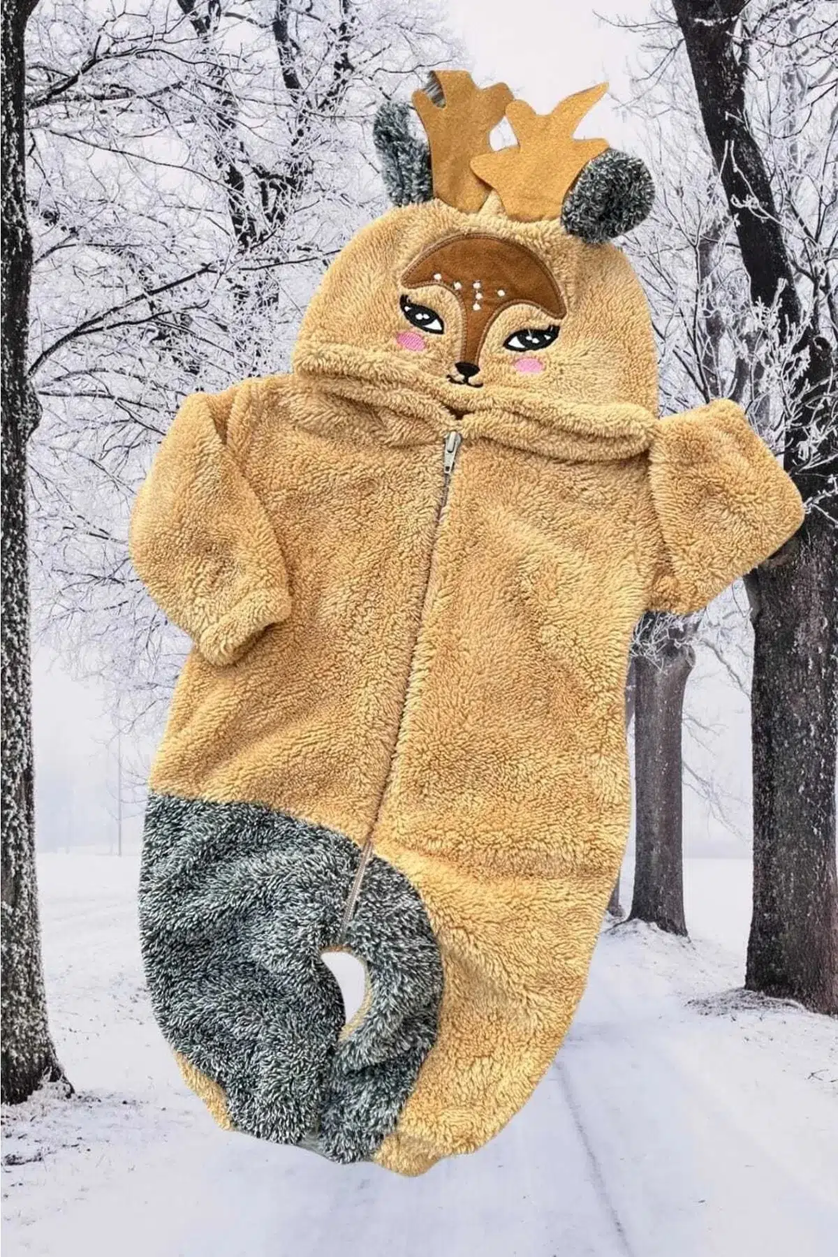 Welsoft Peluş Fermuarlı Kışlık Unisex Kız Erkek Bebek Uyku Tulumu Bebek Tulumu Çocuk Tulumu - Kahverengi