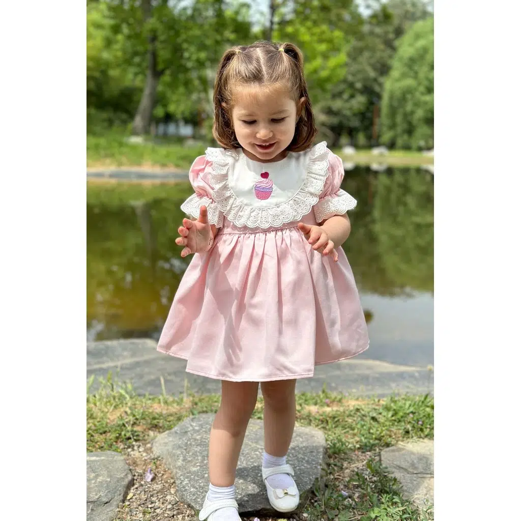 Yazlık Elbise Kısa Kollu Tüllü Tütü Astarlı Kız Çocuk Elbise Bebek Giyim Kız Bebek Elbise ELBYSATEN - Pembe